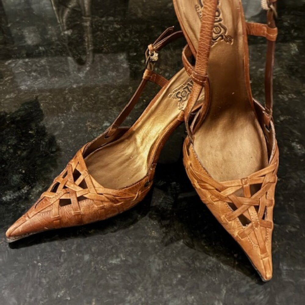 Carlos Santana Brown Leather Pointed Toe Woven Slingback Heels